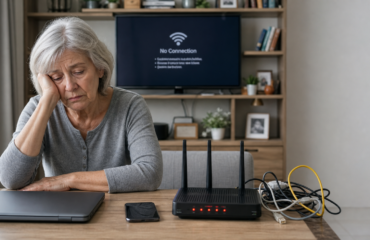 KI generiert: Ältere Dame sitzt verzweifelt an einem Tisch, neben ihr steht ein Router der rot leuchtet